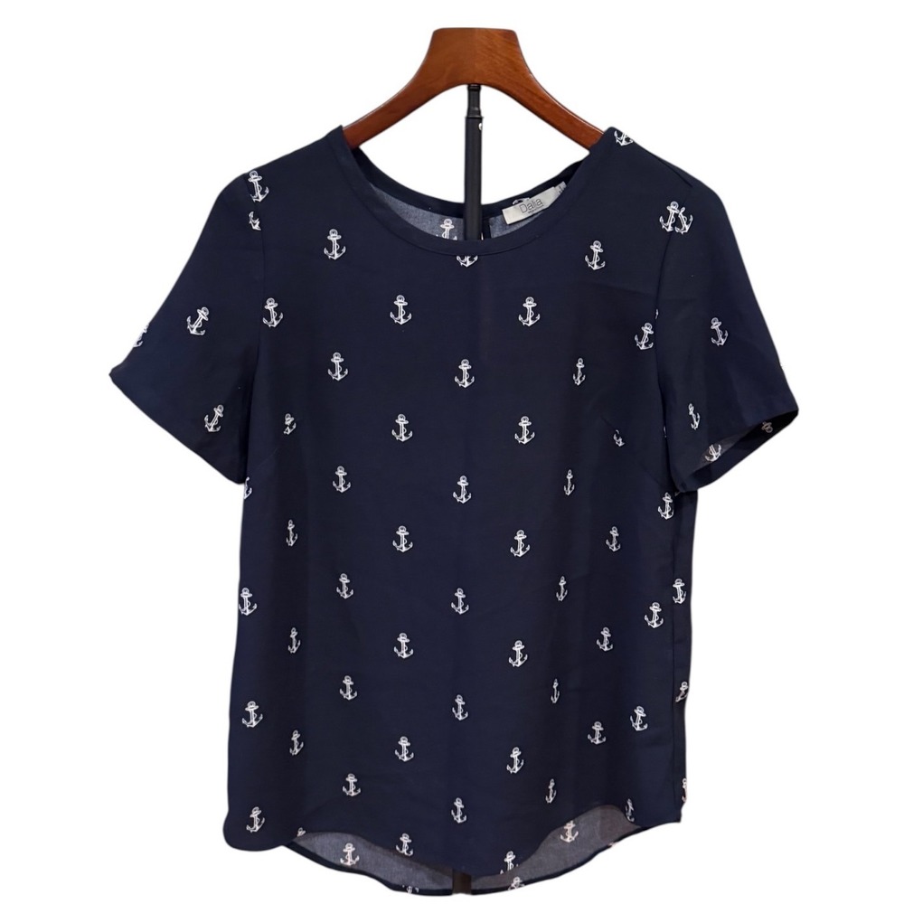Dalia Womens Navy Blue Anchor Print Short Sleeve Blouse Size Medium Nautical Top